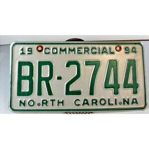 1994 North Carolina Commercial License Plate BR-2744 Green White NC Tag